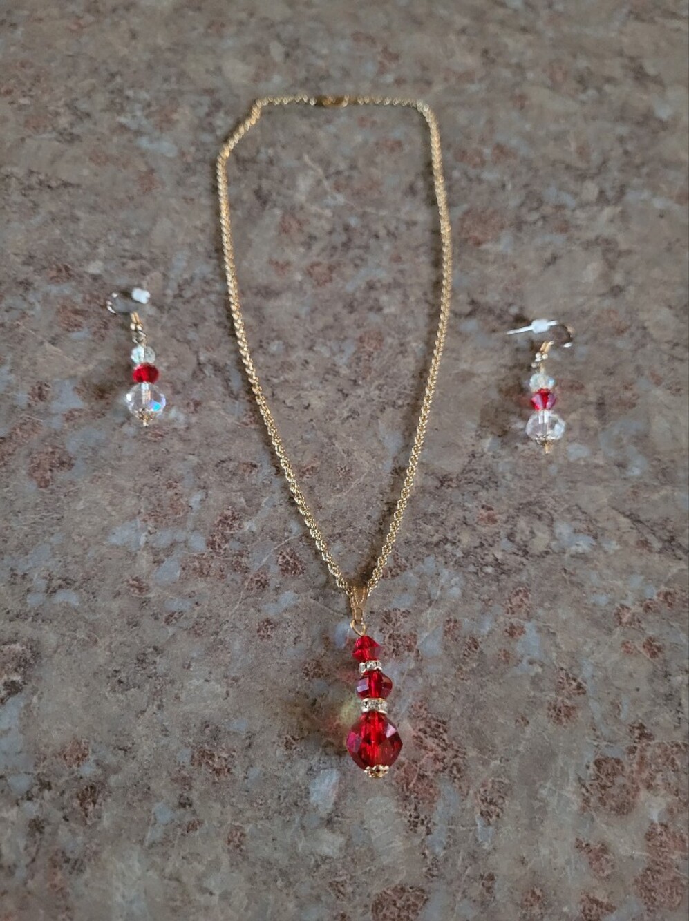 Gold Chain Necklace and Earrings with Red Crystal Pendant